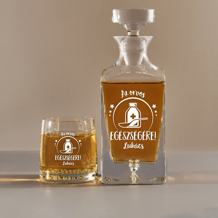 Az orvos egészségére - Gravírozott whisky kancsó és poharak készlete