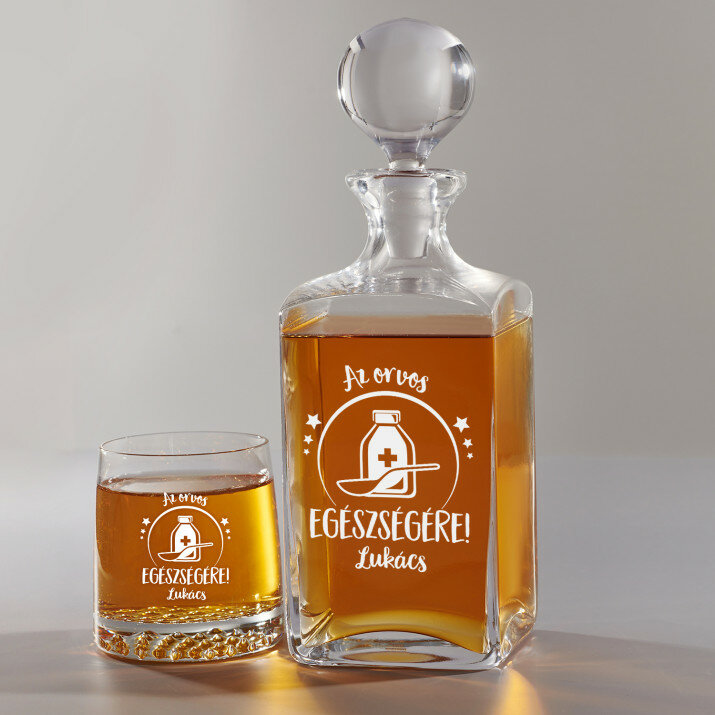 Az orvos egészségére - Gravírozott whisky kancsó és poharak készlete