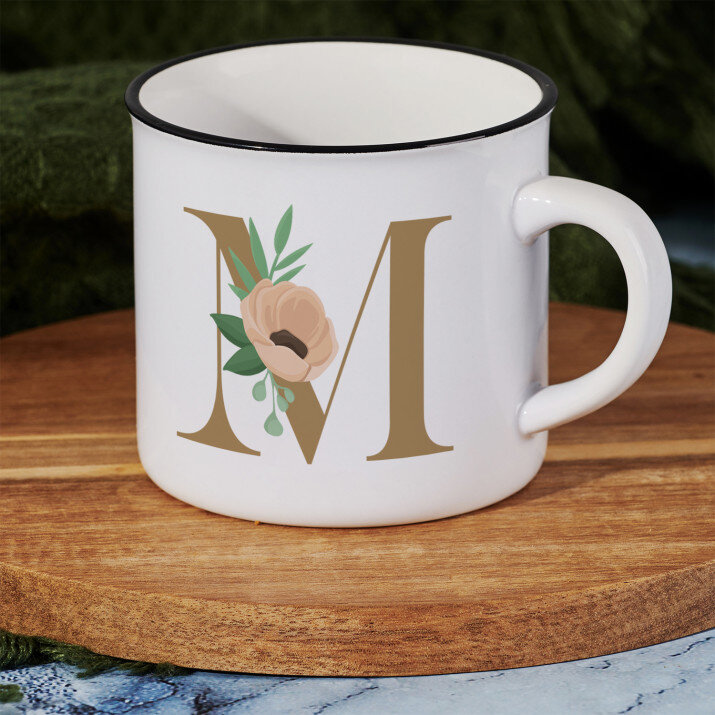 monogram virág - Kerámia bögre fekete peremmel