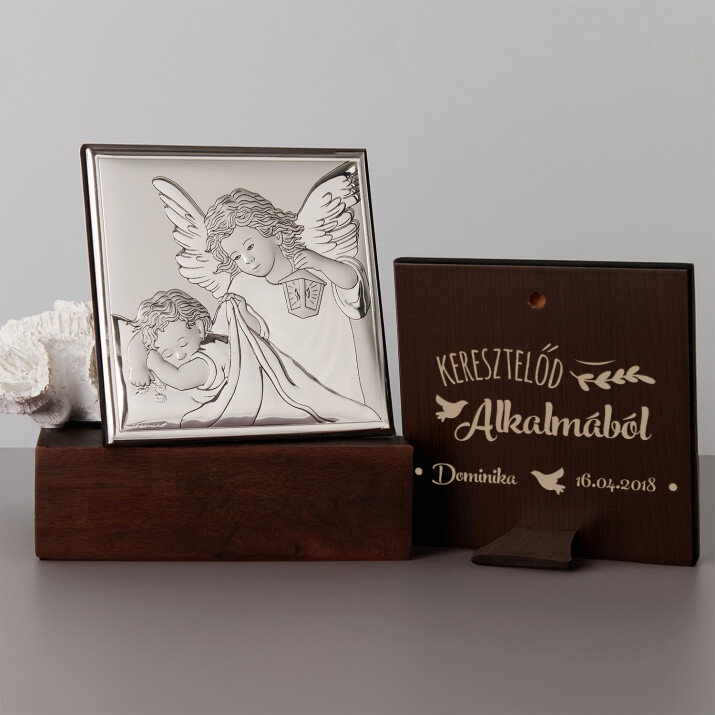 Keresztelő alkalmából - Ezüst gravírozott kép - Lámpás angyal