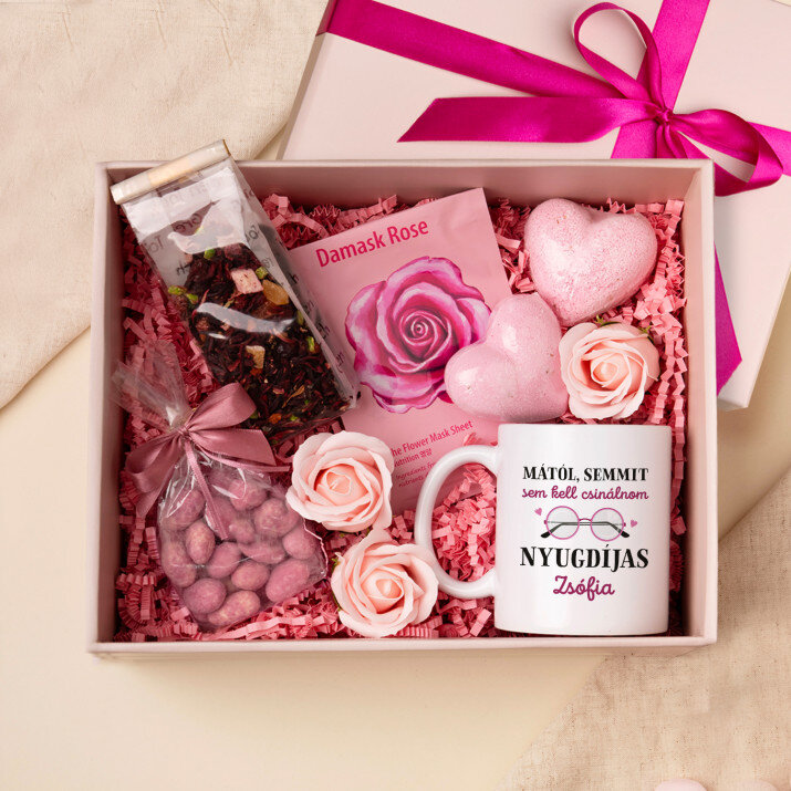 Ajándékkészlet bögrével és fürdőtabletta rózsával nyugdíjas