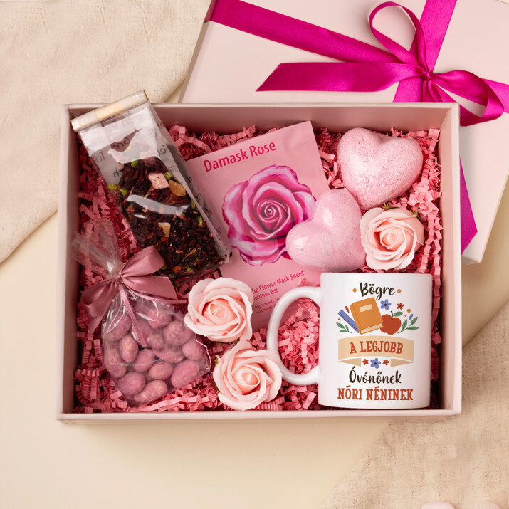 Ajándékkészlet bögrével és fürdőtabletta rózsával Óvónőnek 